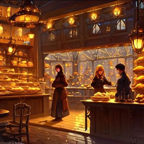 Fantasy Bakery Concept Art, Fantasy Book Store, Autumn Fantasy Art, Fantasy Bakery, Fantasy Cafe, Painter Photography, Interior Concept Art, Creative Sketchbook, Fantasy Village