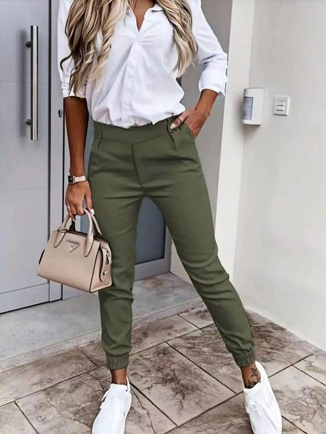 Ladies' Plain Simple Daily Wear Long Pants | SHEIN USA Style Vert, Womens Chinos, Cozy Coats, Solid Color Pants, Slim Trousers, Weave Style, Green Pants, Slim Fit Pants, Slim Pants