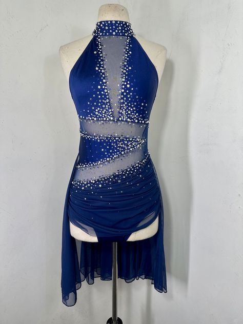 Navy Lyrical Dance Costume Navycustom Dance Costume Dance - Etsy Rhinestone Lyrical Costume, One Shoulder Dance Costumes, Royal Blue Lyrical Dance Costumes, Dark Blue Lyrical Costume, Bedazzled Dance Costumes, Dance Comp Costumes, Blue Jazz Costume, Navy Blue Dance Costumes, Star Dance Costume