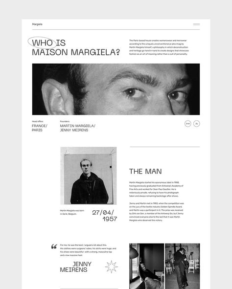 Maison Margiela website concept on Behance Clean Portfolio Website Design, Editorial Layout Website, Minimalist Editorial Design Layout, Vogue Website Design, Portfolio About Me Page Design, Website Article Design, Web Design Black And White, Minimalist Magazine Design, Edgy Website Design Inspiration