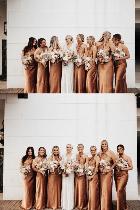 Neutral Rust Bridesmaid Dresses, Rust Champagne Bridesmaid Dresses, Dusty Rust Bridesmaid Dresses, Rustic Bohemian Bridesmaid Dresses, Terracotta Silk Bridesmaid Dresses, Rust And Champagne Wedding Colors, Caramel Bridesmaids Dress, 2022 Bridesmaid Dress Trends, Copper Tone Bridesmaid Dresses