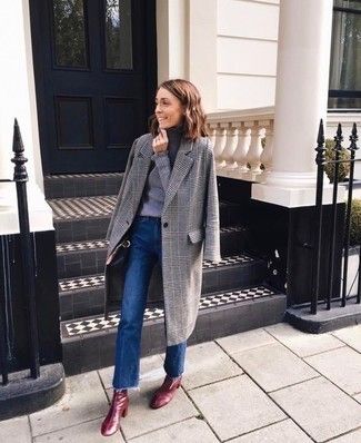 How to Wear Burgundy Ankle Boots (143 looks & outfits) | Women's Fashion | Lookastic.com Pinterest Office, Chelsea Boot Outfits Women, Burgundy Boots Outfit, Grey Boots Outfit, Burgundy Shoes Outfit, Burgundy Ankle Boots, Turtleneck Outfits, Maroon Boots, Combat Boot Outfit