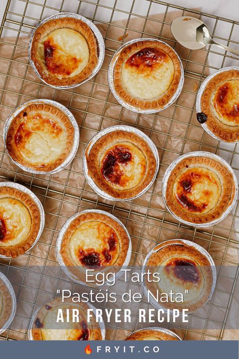 These Air Fryer Portuguese Custard Tarts (Pastel De Nata Recipe) are so simply delicious you’ll be sure to please adults and kids alike! 😉 Fry it, to believe it! Nata Recipe, Portuguese Custard Tart Recipe, Natas Recipe, Egg Custard Recipes, Portuguese Custard Tarts, Egg Tart Recipe, Custard Tarts Recipe, Portuguese Egg Tart, Custard Tarts