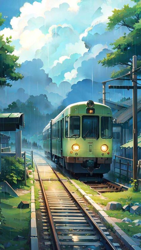 The Train IPhone Wallpaper HD - IPhone Wallpapers : iPhone Wallpapers Train Wallpaper, Rainy Sky, Studio Ghibli Background, 4 Wallpaper, Ghibli Art, Environmental Art, Fantasy Landscape, Scenery Wallpaper, A Train