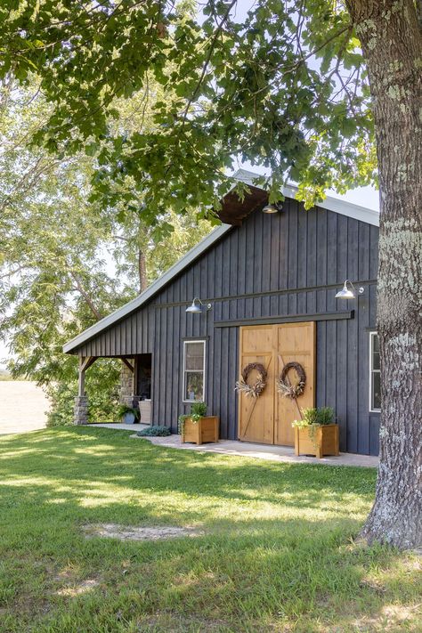 In my opinion, a black barndominium will never go out of style. We have a black barndominium and it is gorgeous! The color black is associated with mystery, power, elegance, sophistication, and formality. Metal Building Exterior Colors Schemes, Barndominium Colors, Black Barndominium Exterior, Barn Exterior Ideas, Barn Makeover, Barn Colors, Gardening Photos, Barn Remodel, Black Barndominium