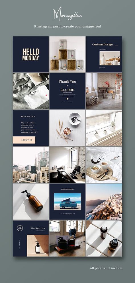 Morning Blue Instagram Post - Design Template Place Business Instagram Feed Layout Blue, Instagram Store Layout, Instagram Layout Design Posts, Business Ig Post Design, Navy Instagram Feed, Instagram Feed Design Ideas, Instagram Template Design Ideas, Instagram Post Template Business, Blue Instagram Feed