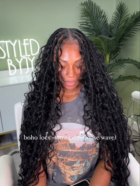 Faux Locs Boho Style, Boho Butterfly Locs With Curls, Boho Goddess Locs With Curls, Soft Locs With Bohemian Curls, Boho Locs With Human Hair, Infinity Locs With Curls, Locs With Loose Hair, Faux Locs With Curly Hair, Messy Boho Locs