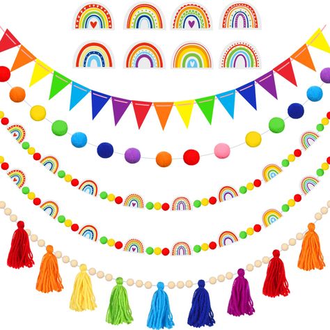 PRICES MAY VARY. Christmas Rainbow Garland Set: you will receive 5 pieces of garland decor in total, including 1 piece of tassel garland with wood beads, 1 piece of colorful felt pennant banner, 1 piece of color pom pom garland, and 2 pieces of rainbow garland banners, sufficient quantity and rich styles, enough to meet your party decoration needs Colorful Style Decoration: our birthday garland banner set is designed in a colorful style theme, adding bright colors as a classroom or home decorati Living Room Decor Classic, Rainbow Tassel Garland, Classroom Ceiling, Watercolor Classroom, Rainbow Garland, Christmas Rainbow, Rainbow Theme Party, Birthday Garland, Christmas Decorations Garland