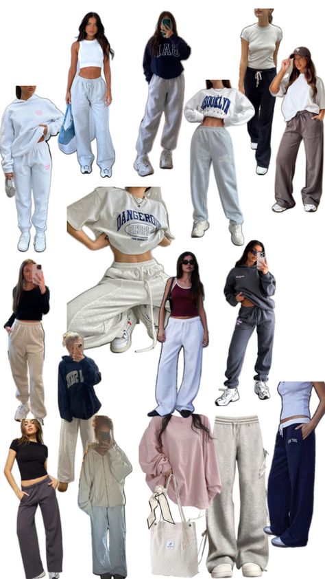 Outfit Inspirations Sweatpants, Great Sweatpants Outfit, Wide Leg Sweatpants Outfit For School, Baggy Sweat Pants Outfit, Cute Outfits For School Sweatpants, Outfits To Wear With Sweatpants, Comfy Outfits For School Sweatpants, How To Style Baggy Pants, Black Sweatpants Outfit For School