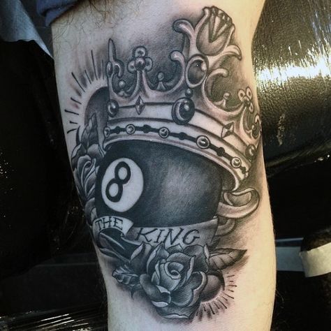 Eightball Tattoo, 8 Ball Tattoo, Traditional Chicano Tattoos, Inside Bicep Tattoo, Crown Tattoo Men, Crown Tattoos, Rare Tattoos, Inner Bicep Tattoo, Ball Tattoo