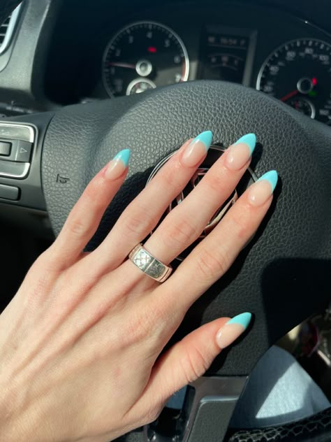 French Teal Tip Nails, Almond Nails Teal French Tip, Nails For Trip To France, Tiffany French Nails, Blue Tip Dip Nails, Aqua Blue Almond Nails, Mint Blue French Tip Nails, Teal Almond French Tip Nails, Tiffany Blue Nails French Tips