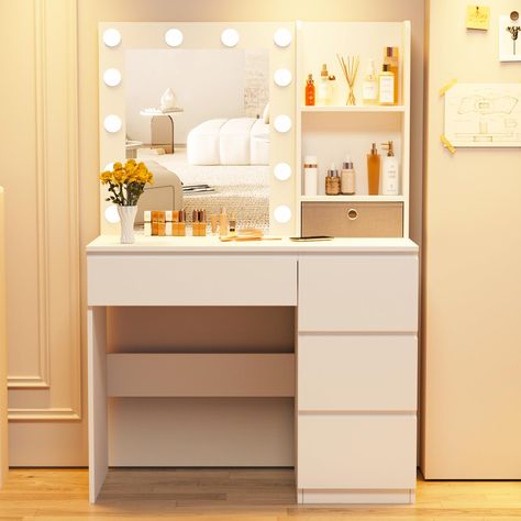 PRICES MAY VARY. [Perfect Size Vanity] Not too big or small, 37”(W)*15.8”(D)*55.1”(H), a perfect fit for small bedroom. Charming vanity with lots drawers, suitable for both teenagers and adults. Great gift for daughter, wife on birthday, Valentine's Day, Mother's Day. [Adequate Space/Storage] This vanity provide 4 drawers and 3 open shelves, easily to hold hair straightener, blow dryer, jewelry and all makeups, and also deep and big enough for lotions, make your bedroom more tidy and clean. [3 L Makeup Vanity With Lights, Vanity With Lights, Desk With Mirror And Lights, Vanity Desk With Mirror, Desk With Mirror, Mirrored Vanity Desk, Bedroom Makeup Vanity, Small Vanity, Cute Bedroom Ideas