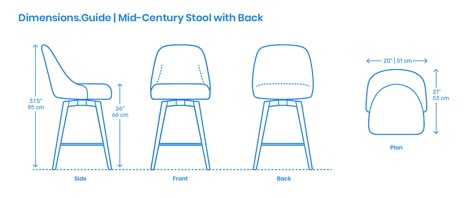 A Mid-Century stool with a fabric back and a swivel base mounted to wooden legs. Coming in variants that include counter stool (26” | 66 cm seat) and bar stool heights (30” | 76 cm seat), this mid-century stool has a comfortable quality and clean-lined aesthetic. Bar Stool Dimensions, Mid Century Stools, Furniture Drawing, Kindergarten Interior, Loft House Design, Stool With Back, Pool Lounge Chairs, Industrial Stool, Jewelry Store Design