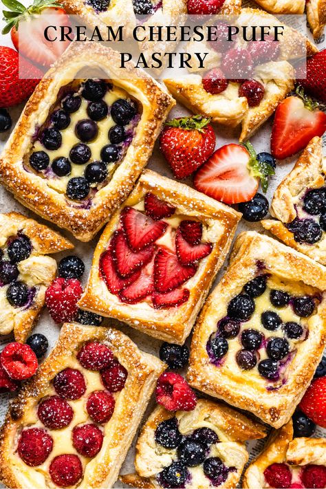 Strawberry Puff Pastry, Pies And Tacos, Cream Cheese Puffs, Puff Pastry Recipes Dessert, Cream Cheese Puff Pastry, Cream Cheese Pastry, Cheese Puff, Puff Pastry Desserts, Cream Cheese Danish