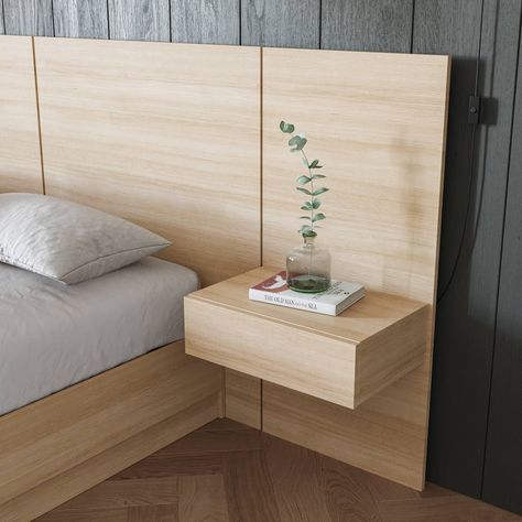 Elevate Your Bed with Functional and Stylish Headboard Extensions panels featuring Integrated Drawers. It will enhance your bedroom's organization with convenient storage for bedside essentials, all while adding a touch of wow factor. The Milano Floating Nightstand extension panels are a sleek solution that combines functionality and style providing optimal storage without sacrificing space. Crafted from high quality engineered wood, these nightstand extension panels showcase the natural grain c Floating Headboard, Floating Bedside Table, Oak Nightstand, Floating Bed, Natural Blonde, Cama King, Bedroom Items, White Nightstand, Wood Nightstand