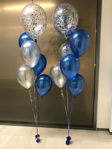 Simple Balloon Decoration, Surprise Birthday Decorations, Balloons Galore, Blue Birthday Parties, Simple Birthday Decorations, Silver Balloon, Birthday Balloon Decorations, Blue Birthday, Blue Balloons