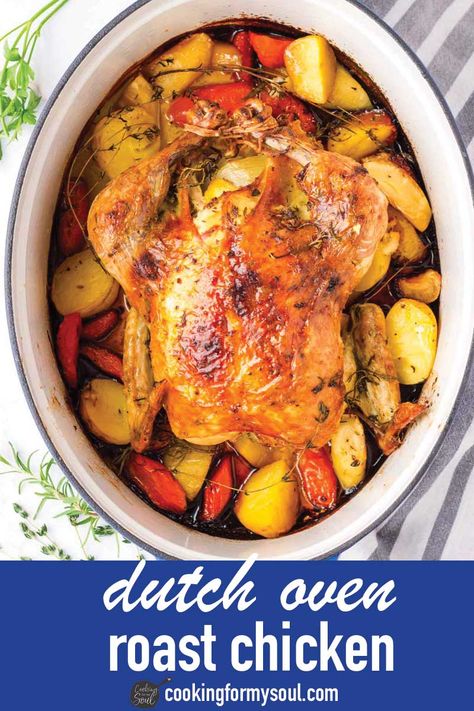 Dutch Oven Whole Roast Chicken! This roast chicken is cooked right in the dutch oven to help retain moisture. You'll get crispy skin and a moist chicken #cookingformysoul Braised Whole Chicken Dutch Ovens, Dutch Oven Whole Chicken, Dutch Oven Roast Chicken, Whole Roast Chicken, Roasting Chicken, Dutch Oven Chicken, Dog Illnesses, Moist Chicken, Whole Chicken Recipes