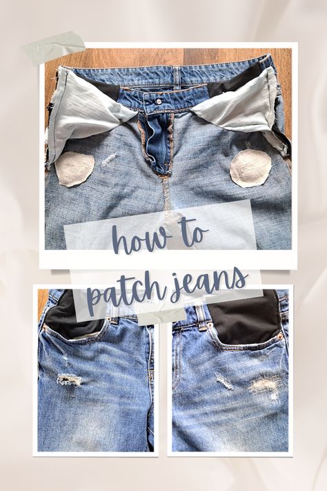 Learn to patch holes in jeans using scrap fabric and your sewing machine. No special supplies are needed. Essential skill for beginners who want to have a more sustainable lifestyle. How To Sew A Patch On Jeans, How To Sew Patches On Jeans, Sewing A Patch On Jeans, How To Patch Holes In Jeans, Patching Holes In Jeans, Patching Holes In Pants, How To Sew Jean Patches, How To Sew On Patches With Sewing Machine, Holy Jeans