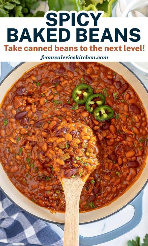 Spicy Baked Beans Recipe, Spicy Baked Beans, Healthy Baked Beans, Summer Potluck Dishes, Canned Baked Beans, Bbq Baked Beans, Easy Summer Side Dishes, Bbq Beans, Summer Potluck