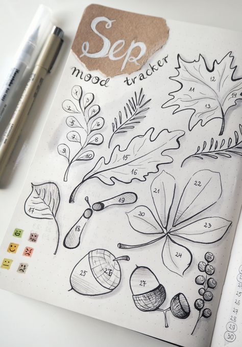 Leaves Mood Tracker, Autumn Mood Tracker, November Mood Tracker, Bujo Mood Tracker, Doodle Bullet Journal, Bullet Journel, Bullet Journal Ideas Templates, Bullet Journal Hacks, Bullet Planner