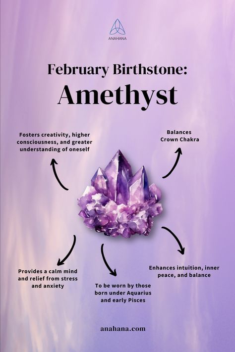 Known as a gem of personal empowerment, the birthstone for February is Amethyst. Amethyst is a purple variety of quartz. The gem has a wine-like color that ranges from pale lilac to deep red-orange. It receives its purple colors from the presence of iron and natural irradiation under the Earth's surface. Learn more about February birthstones! February Crystals, February Inspiration, Birth Gems, Amazonite Meaning, Birthstones Meanings, Ethereal Core, February Gemstone, Birth Stones, Zodiac Elements