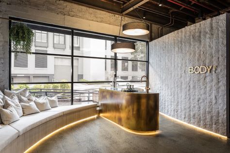 X + O - Body WRL | IndesignLive Calming Interiors, Wellness Centre, Wellness Studio, Clinic Interior Design, Curved Walls, Therapy Room, Polished Concrete, Signage Design, Architectural Elements