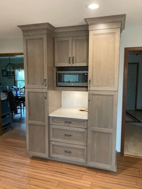 Diy Pantry With Coffee Bar, Coffee Bar Between Pantry Cabinets, Microwave Over Coffee Bar, Pantry Cabinet Beside Stove, Premade Pantry Cabinet, Coffee Bar With Microwave Ideas, Counter Depth Pantry Cabinet, Diy Pantry And Coffee Bar, Kitchen Pantry Coffee Bar