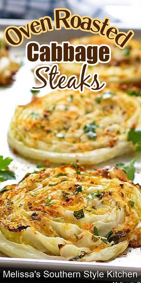 These Oven Roasted Cabbage Steaks make an inexpensive main dish or as a side dish alongside your favorite entrees #cabbagesteaks #roastedcabbage #lowcarbrecipes #cabbage #ovenroastedcabbage #roastedvegetables #sidedishrecipes #southernfood #southernrecipes Cabbage Snack Ideas, Side Dish With Cabbage, Sweet And Spicy Cabbage, Oven Cabbage Steaks, Cooking Cabbage In Oven, Cabbage Roasted In Oven, Cabbage Recipe Baked, Cabbage Recipe Side Dish, How To Cook Cabbage In The Oven