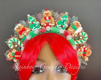 Drag Queen Christmas, White Satin Headband, Holiday Headpiece, Christmas Headdress, Candy Beads, Gingerbread Diy, Work Holiday Party, Holiday Headbands, Christmas Hair Accessories