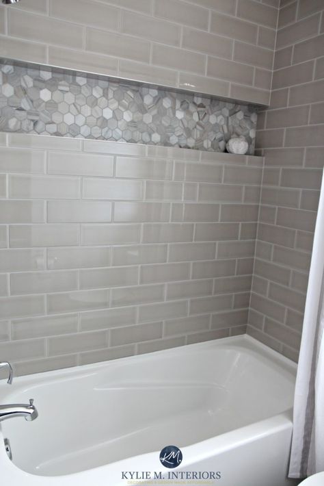 Our Bathroom Remodel – Greige, Subway Tile and More… Subway Tile Showers, Bad Inspiration, Interior Minimalista, Tub Tile, Shower Niche, Bathroom Tub, Bathroom Shower Tile, Shower Surround, Trendy Bathroom