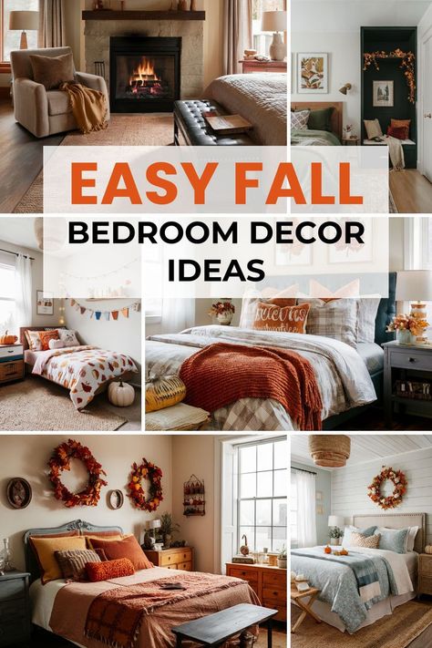 Easy Fall Bedroom Decor Ideas Fall Boho Room Decor, Fall Decor In Bedroom, Bedroom Autumn Decor, Simple Fall Bedroom Decor, Fall Bedding Bedrooms Cozy, Fall Bedroom Decor Aesthetic, Fall Decor For Bedroom, Fall Bedding Bedrooms, Autumn Bedroom Ideas