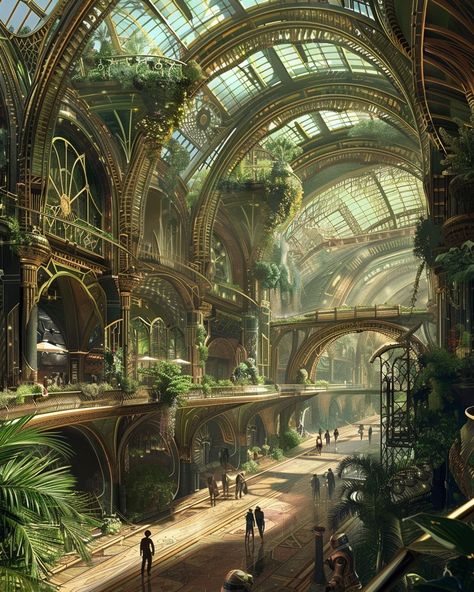 Change it up! What would this look like with cool light or everyone walking around in suits?⁠ ⁠ ⁠ concept art of the interior space in an alien world, ornate architecture with plants and flowers growing on it, people walking around wearing robes, high ceiling, large arched doorways, warm lighting, cinematic --ar 4:5 --v 6.0⁠ ⁠ ⁠ ⁠ #art #landscape #conceptart #futuristic #scifi #fantasy #midjourneyart #aiart #aiartork #digitalart #gameart #scifiartwork #sciencefictionart #utopia #rpg #ttrpg #s... World Building Fantasy Concept Art, Arcane Building Concept Art, Concept World Art, High Fantasy City Concept Art, Airship Interior Concept Art, Scifi World Building, High Fantasy Concept Art, Submerged Architecture, Fantasy Setting Concept Art