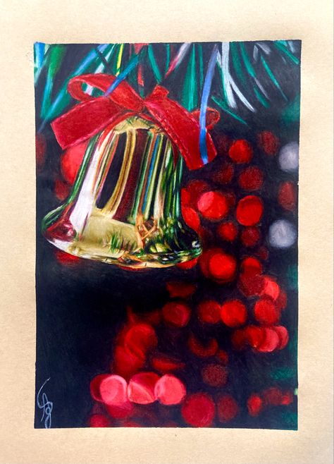 Art Christmas Painting Realistic, Christmas Realistic Drawings, Christmas Tree Oil Pastel, Christmas Drawings Realistic, Christmas Colored Pencil Drawings, Christmas Day Drawing, Christmas Cartoon Drawings, Christmas Things To Draw, Christmas Gouache