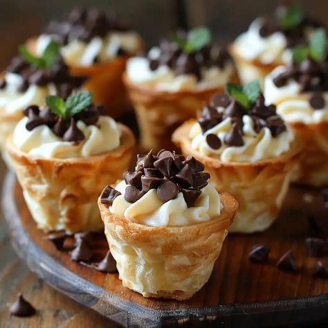 Mini Desserts, Cannoli, Cannoli Cups, Mini Cannoli, Cannoli Recipe, Dessert Cups, Mini Chocolate Chips, Simple Recipe, Holiday Desserts