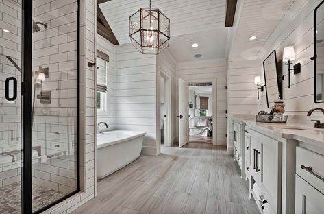 Welcoming craftsman style home with farmhouse touches in Arkansas Shiplap Bathroom Wall, Dekorere Bad, Shiplap Bathroom, Shiplap Wall, Pattern Tile, Hemma Diy, Bad Inspiration, Farmhouse Master, White Shiplap