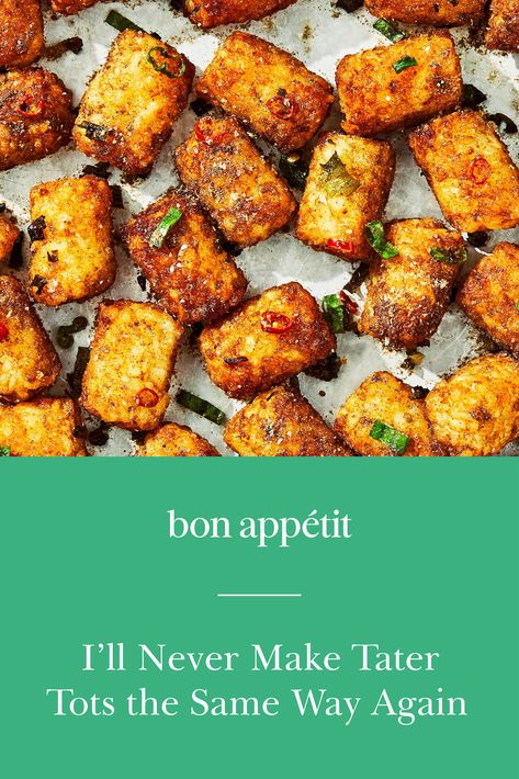 Bon Appetit Tater Tots, Roasting Tofu In Oven, Salt And Pepper Tater Tots, Fried Grit Tots, Spicy Tater Tots, Fancy Tater Tots, Air Fried Tater Tots, Seasoned Tater Tots Recipes, Crispy Tater Tots In Oven