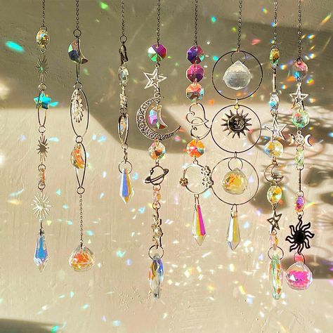 PRICES MAY VARY. 🍀【Sun catchers with Crystals】The prisms crystal decor will reflect and add lots of pretty colors into your room when the sunlight hits them just right.with decorative elements such as stars and moon. 🍀【MULTIPURPOSE】The crystal pendants can be the rainbow maker for windows; It can also hangling in the backyard, garden, car, and other places.And use them for DIY projects,gift toppers,and Christmas tree decor.There are 8pc crystal sun catchers in the packaging, enough for you to Rainbow Maker Diy, Window Charms Sun Catcher, Sun Catchers Diy Suncatchers, Sun Magick, Sun Catchers Diy, Diy Sun Catchers, Hippie Decorations, Boho Dorm Room Decor, Window Sun Catchers