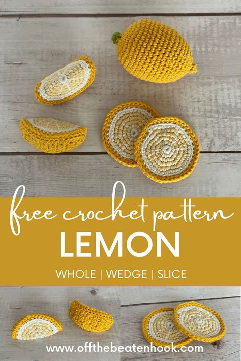 The perfect mix between realistic and adorable, these crochet lemon pieces will be the perfect addition to your little one's play food collection or your crochet fruit and vegetable centerpiece! The pattern includes the method for crocheting the lemon in 3 different conditions - whole, wedge and sliced. The pattern is quick and easy - perfect for beginners or seasoned crocheters alike! Get the free pattern here! Easy Crochet Vegetables, Fruit Slice Crochet, Knit Play Food, Free Crochet Vegetable Pattern, Crochet Fruit Slices Free Pattern, Crochet Lemons Free Pattern, Amigurumi Lemon Free Pattern, Fruit Bag Crochet Free Pattern, Small Food Crochet Pattern