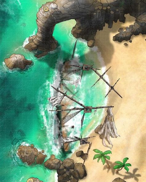 Dnd Shipwreck Map, Dnd Scene Art, Shipwreck Battlemap, Dnd Beach Map, Ship Maps Dnd, Dnd Ship Battle Map, Dnd Ship Map, Menagerie Coast, Dnd Island