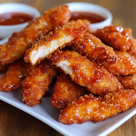 🍗🔥 Get a kick with our Spicy Sriracha Chicken Tenders! Crispy, spicy, and irresistible! 🌶️🍗 #ChickenLovers Spicy Sriracha Chicken Tenders Ingredients: Chicken tenders (1 lb) Sriracha sauce (1/4 cup) Honey (2 tbsp) Soy sauce (1 tbsp) Garlic powder (1 tsp) Flour (1 cup) Eggs (2, beaten) Breadcrumbs (1 cup) Instructions: Mix sriracha, honey, soy sauce, and garlic powder. Marinate chicken tenders. Coat tenders in flour, dip in beaten eggs, and coat with breadcrumbs. Fry or bake until golden a... Fried Chicken Spicy, Spicy Chicken Fingers, Chicken Food, Buffalo Chicken Tenders, Korean Street Food Recipes, Fire Food, Soul Food Dinner, Honey Chicken, Food Therapy