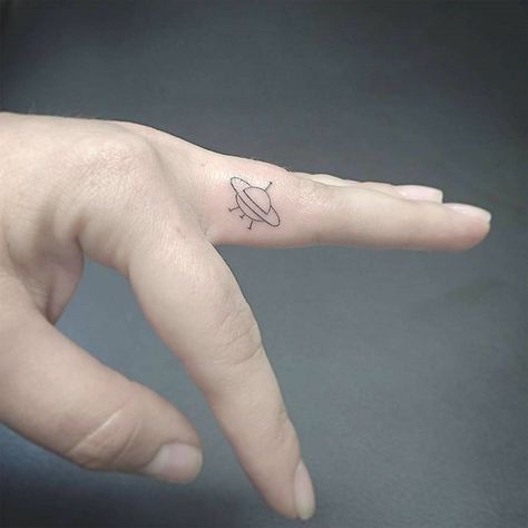 Spaceship Tattoo, Tiny Finger Tattoos, Ufo Tattoo, Cute Finger Tattoos, Ring Tattoo, Small Finger Tattoos, Finger Tattoo For Women, Finger Tats, Finger Tattoo Designs