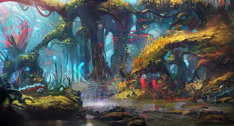 drawing digital art forest lake trees fantasy art exphrasis wallpaper and background Concept Art World, Fantasy Forest, Forest Painting, Art Et Illustration, Fantasy Art Landscapes, 판타지 아트, Environment Concept Art, Environmental Art, Landscape Wallpaper