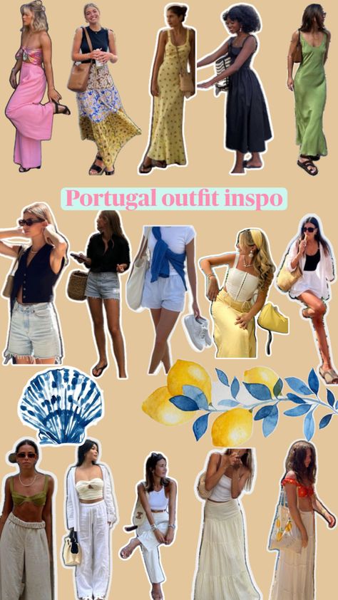 Euro met,Portugal outfits, skirts,dresses, shorts Carribean Outfits For Women, Portugal In May Outfits, Spring In Portugal Outfits, Portugal Fashion Summer, Lisbon Portugal Aesthetic Outfits, Outfits For Portugal, Spain Trip Outfits, Portugal Style Outfits, Portugal Aesthetic Outfits