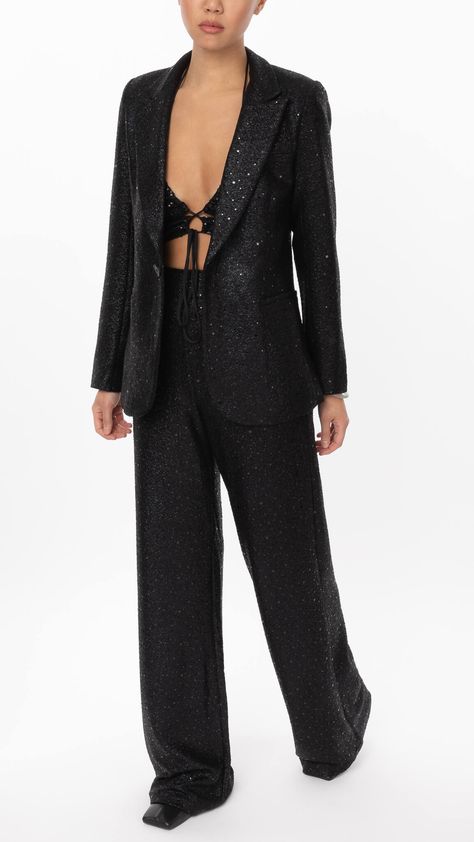 Long-sleeve blazer in shimmering black. Notched lapel collar. Button closure at front. Welt pockets at waist. Fully lined. Tonal hardware. 96% Polyester 4% Elastane Lining: 97% Polyester 3% ElastaneImportedHand Wash Glitter Suit, Glitter Blazer, Bold Skirt, Mango Trousers, Blazer Suit Women, Glitter Shorts, Black Suit Jacket, Gilet Costume, Sequin Blazer