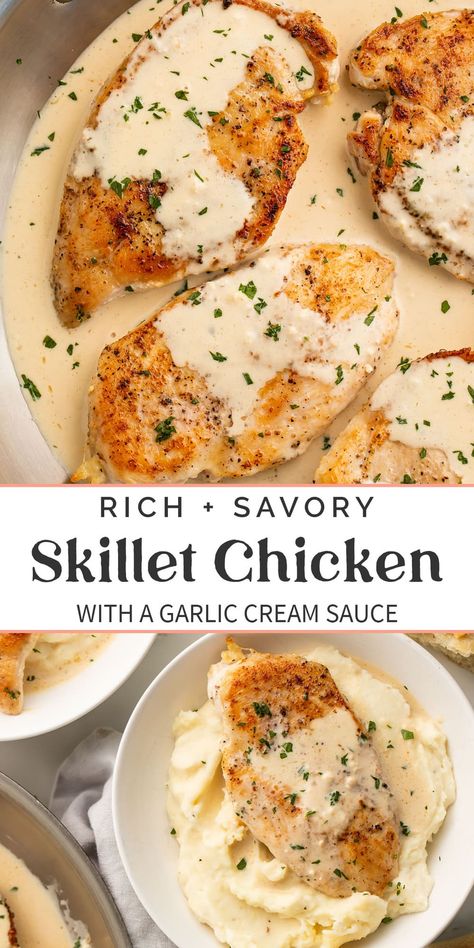 Chicken Potatoes Heavy Cream, Mashed Cauliflower Dinner Ideas, Dinners W Chicken, Chicken In Heavy Cream Sauce, Healthy Chicken With Sauce, Easy Dinner For Two Chicken, Chicken Thigh Cream Sauce, Garlic Chicken And Mashed Potatoes, Chicken Dinner Recipes With Mashed Potatoes