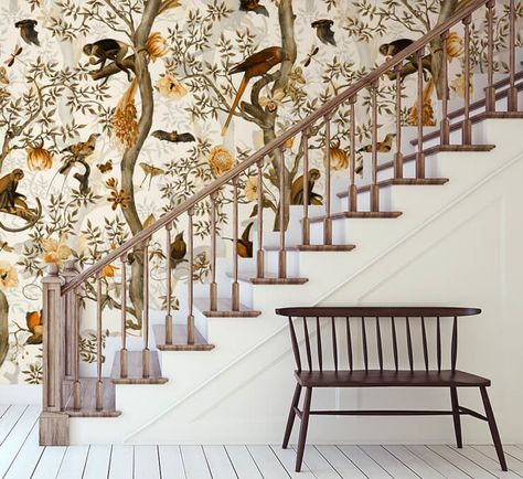 Step Up Your Stairs Game with these 10 Staircase Ideas! Stairs With Glass Panels, Stairway Wallpaper, Hallway Wallpaper Ideas, Colour Drenching, Staircase Wallpaper, Wallpaper Staircase, Marble Effect Wallpaper, Stair Paneling, Staircase Styles