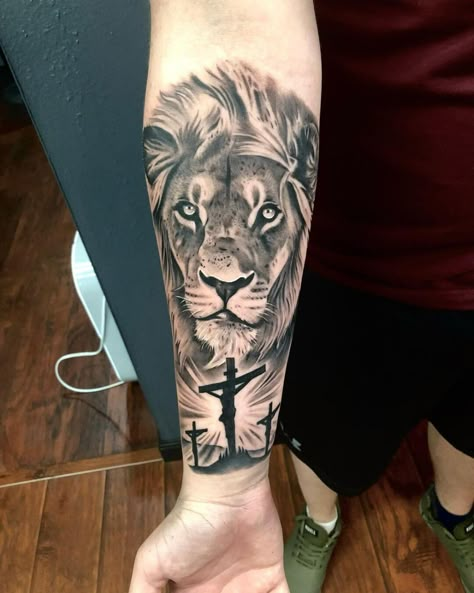 Lion With 3 Crosses Tattoo, Lion And God Tattoo Design, Lion Cross Clock Tattoo, Cross With Lion Tattoo, Lion With Crown Of Thorns Tattoo, God Lion Tattoo, Lion Tattoo With Cross, Lion Cross Tattoo Design, Tattoo Ideas For Men God