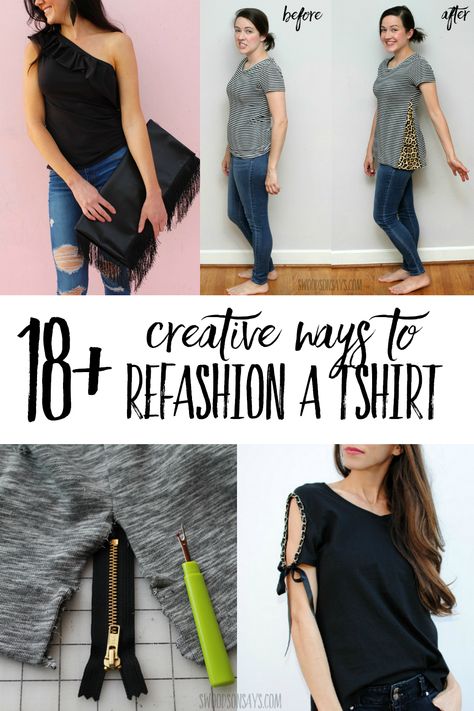 Check out a big list of creative ways to refashion a tshirt! Tutorials included, making these great beginner sewing ideas for making over an old shirt. Includes no sew tshirt refashions and sewing tips. #refashion How To Refashion A T Shirt, How To Alter Tee Shirts, Refashion Tee Shirts Ideas, Refashioned Tshirt Diy Upcycle, Alter T Shirts Ideas, Upcycled Tee Shirts Ideas, T Shirt Transformation Diy, T Shirt Redesign Ideas, Upcycle Tee Shirts Diy