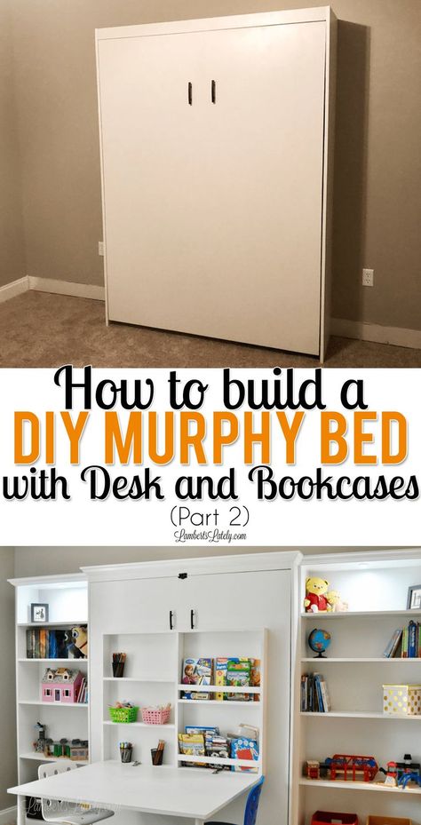 This DIY murphy bed with desk and bookcase combo is all made from inexpensive pieces! Includes Ikea Billy Bookcases and full plans for adding to your guest bedroom, office, or craft room. #diy #murphybed #bedroom #smallspaces #homedecor #furniture Murphy Bed With Desk, Diy Murphy Bed, Build A Murphy Bed, Billy Bookcases, Guest Bedroom/office, Murphy Bed Ikea, Ikea Bookcase, Murphy Bed Desk, Diy Storage Rack