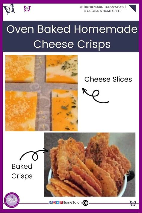 Baked Cheddar Crisps, How To Make Cheese Crisps In The Oven, Baked Cheese Slices, Oven Baked Cheese Crisps, Baked Cheese Crackers, Cheese Chips Baked, Cheese Crisps Baked, Oven Baked Cheese, Baked Cheese Crisps